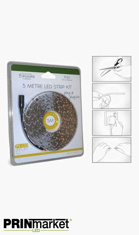 Kit Ruban LED Blanc - 5 mètres - 25 watts (5 w/m) Non-étanche - Transformateur inclus