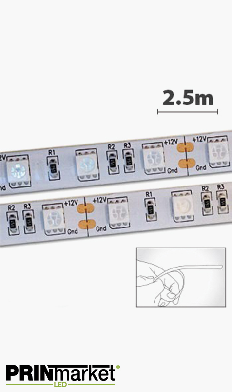 Ruban LED - 2,5 mètres - Étanche IP44 - 36 watts (14,4 w/m) - 60 LED 5050/m